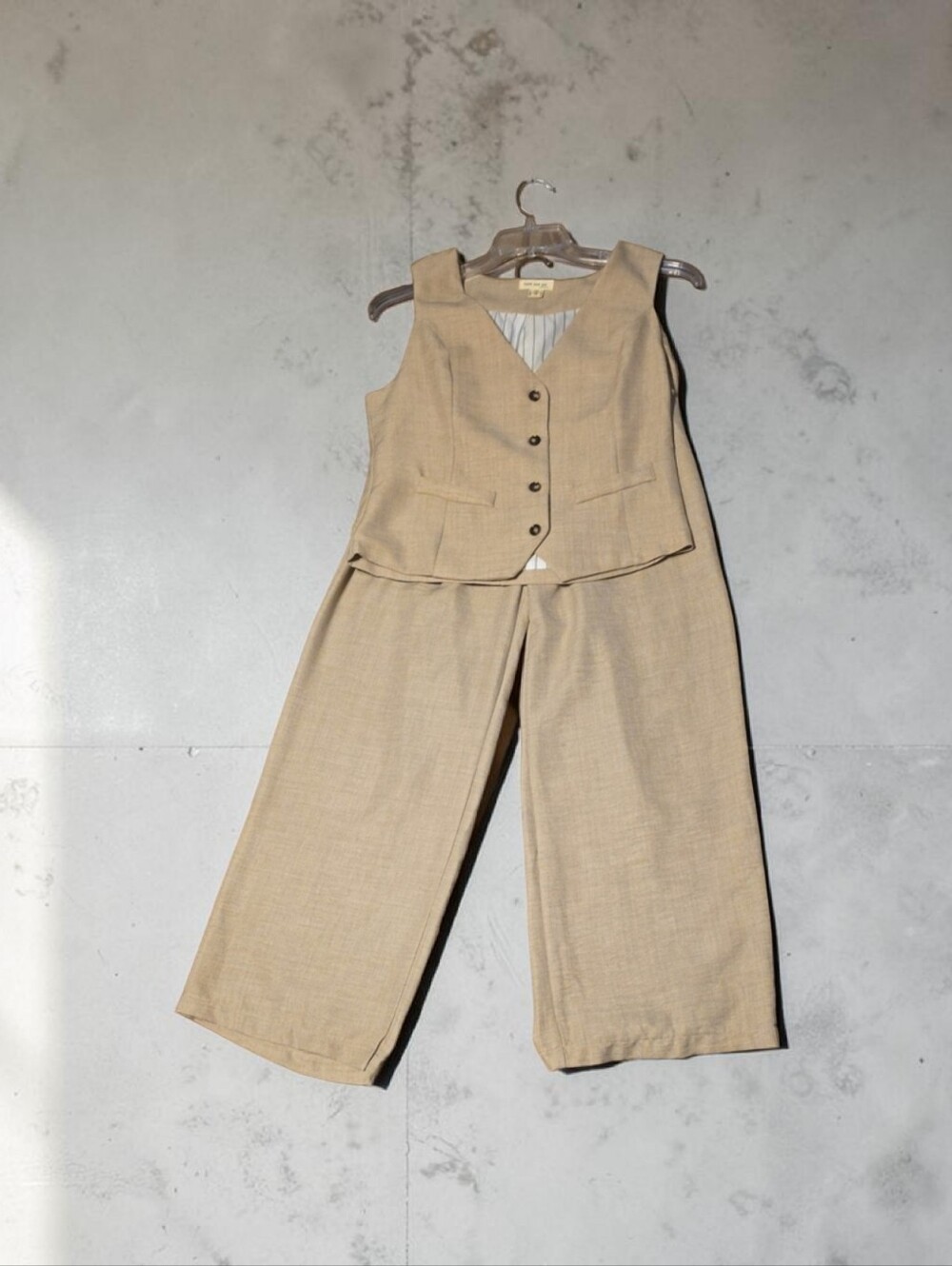 Faith and Joy Beige 2pc Set Sleeveless Vest & Wide Leg Pants‎ Tailored Boho